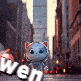 a cartoon cat with headphones is holding a sign that says wen