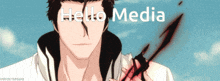 a man is holding a sword with the words hello media written above him