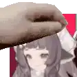 a person is petting a cat 's head in front of a blurred image of a girl .