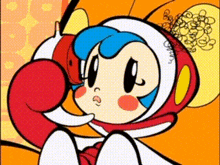 a cartoon character with blue hair and red gloves is wearing a red and white hat .