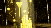 a statue of a trophy is surrounded by glowing cubes