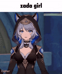 a picture of a girl with a hood that says zada girl on it