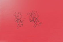 a red background with drawings of a cat and a girl