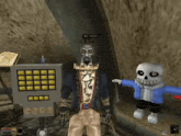 a video game character named sans is standing next to a skeleton robot