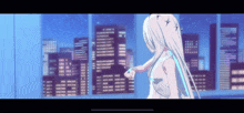 a girl with long white hair stands in front of a city skyline at night