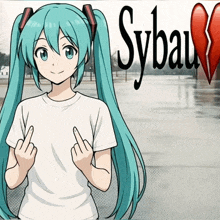 a picture of hatsune miku giving the middle finger with sybau in the background