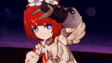 a cartoon girl with red hair and blue eyes is holding a sword in her hand .