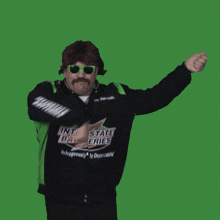 a man wearing sunglasses and a jacket that says " int state fries "