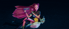 a cartoon girl with long pink hair is holding a hair dryer and a mirror .