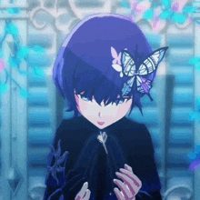 a girl with blue hair has a butterfly on her head
