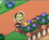 a cartoon girl is watering flowers in a garden with a watering can that has the letter m on it