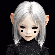 a little girl with white hair and black eyes has black spots on her face