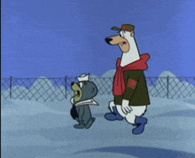 a cartoon of a polar bear and a teddy bear walking in the snow