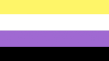 the non binary flag is yellow , white , and purple with a black stripe in the middle .
