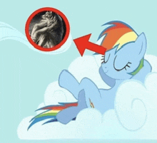 a rainbow dash laying on a cloud with a red arrow pointing at her eye
