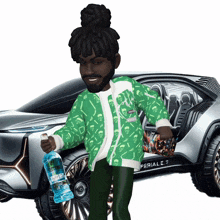 a man in a green jacket is standing in front of a silver car that says periale 7