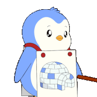 a blue and white penguin holding a piece of paper with an igloo on it