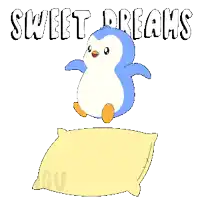 a penguin is jumping on a pillow with the words sweet dreams behind it