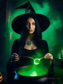a woman in a witch costume is stirring a green liquid in a cauldron