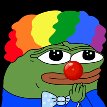 a green frog wearing a clown costume with a red nose and rainbow hair