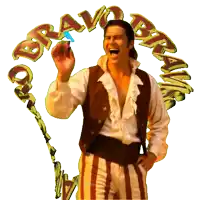 a man in a pirate costume stands in front of a logo that says bravo bravo