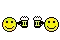 a pixel art illustration of two smiley faces holding a pair of beer mugs .