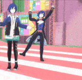 a couple of anime characters standing next to each other with their arms outstretched