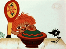 a cartoon of a girl with red hair holding a spoon and a bowl