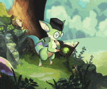 a cartoon drawing of a dragon wearing glasses and a hat reading a book
