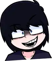 a cartoon character with black hair and blue eyes making a silly face