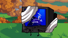 a cartoon drawing of a television with a broken screen and the letters t and y on it