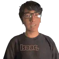 a man wearing glasses and a shirt that says isaac on it