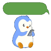 a penguin is holding a cell phone under a speech bubble that says love you