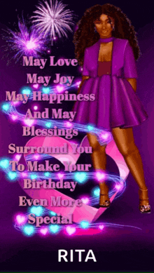 a woman in a purple dress is standing in front of a fireworks display
