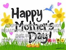 a happy mother 's day greeting card with flowers and hearts .