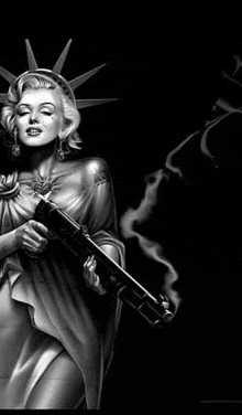 a black and white painting of a woman in a statue of liberty holding a gun .