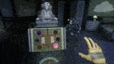 a video game is being played in a dark room with a robot and a bug