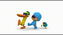 a cartoon character wearing sunglasses walking next to a duck
