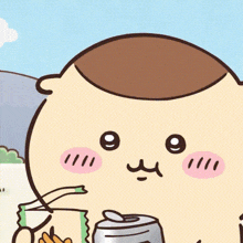 a cartoon character is holding a can of soda and a bag of french fries