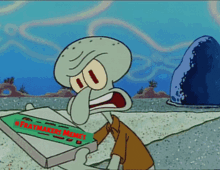 squidward from spongebob is holding a box of pizza