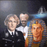 a group of men are standing next to each other with one wearing a pharaoh 's hat