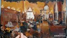 a painting of people sitting at tables in a restaurant with the words made in animatica on the bottom