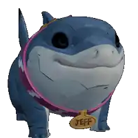 a cartoon shark with a collar and a tag that says jeff