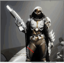 a video game character is holding a gun and has a red arrow pointing to the knee