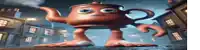 a cartoon teapot with a face and feet is walking down a street .
