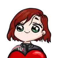 a cartoon of a girl with red hair and green eyes wearing a jacket with the letter n on it .