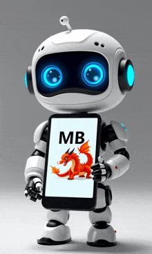 a robot holding a cell phone with the word mb on the screen