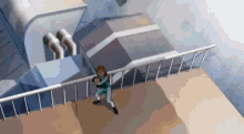 a woman is holding a child in her arms while standing on a staircase .