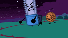 a cartoon drawing of a chainsaw and a basketball with ok written on their faces