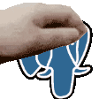 a close up of a person 's hand holding a blue sticker with the letter f on it .